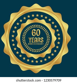 Gold Button With 60 Years Anniversary . Emblem, Label, Badge,sticker, Logo. Designed For Celebration Or Anniversary