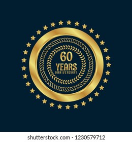 Gold Button With 60 Years Anniversary . Emblem, Label, Badge,sticker, Logo. Designed For Celebration Or Anniversary