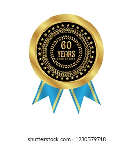 Gold Button With 60 Years Anniversary . Emblem, Label, Badge,sticker, Logo. Designed For Celebration Or Anniversary