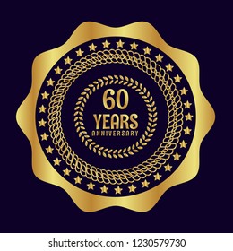 Gold Button With 60 Years Anniversary . Emblem, Label, Badge,sticker, Logo. Designed For Celebration Or Anniversary