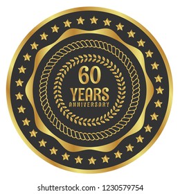 Gold Button With 60 Years Anniversary . Emblem, Label, Badge,sticker, Logo. Designed For Celebration Or Anniversary