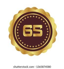 Gold button with 65 years anniversary . emblem, label, badge,sticker, logo. Designed for celebration or anniversary 