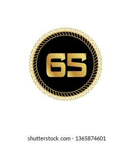 Gold button with 65 years anniversary . emblem, label, badge,sticker, logo. Designed for celebration or anniversary 