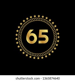 Gold button with 65 years anniversary . emblem, label, badge,sticker, logo. Designed for celebration or anniversary 