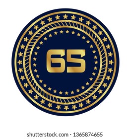 Gold button with 65 years anniversary . emblem, label, badge,sticker, logo. Designed for celebration or anniversary 