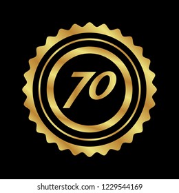 Gold button with 70 number. emblem, label, badge,sticker, logo. Designed for celebration or anniversary
