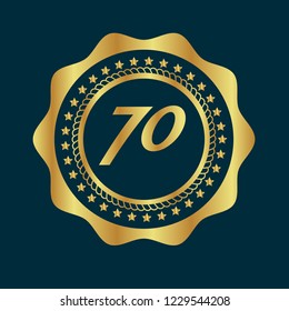 Gold button with 70 number. emblem, label, badge,sticker, logo. Designed for celebration or anniversary