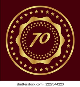Gold button with 70 number. emblem, label, badge,sticker, logo. Designed for celebration or anniversary