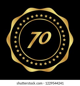 Gold button with 70 number. emblem, label, badge,sticker, logo. Designed for celebration or anniversary