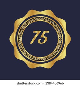 Gold button with 75 years anniversary . emblem, label, badge,sticker, logo. Designed for celebration or anniversary 