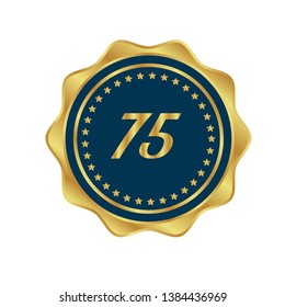 Gold button with 75 years anniversary . emblem, label, badge,sticker, logo. Designed for celebration or anniversary 