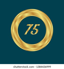 Gold button with 75 years anniversary . emblem, label, badge,sticker, logo. Designed for celebration or anniversary 