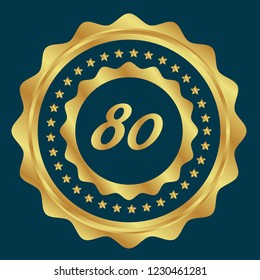 Gold button with 80 number. emblem, label, badge,sticker, logo. Designed for celebration or anniversary