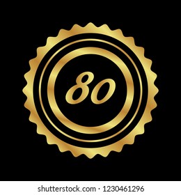 Gold button with 80 number. emblem, label, badge,sticker, logo. Designed for celebration or anniversary