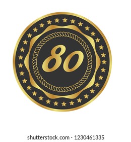 Gold button with 80 number. emblem, label, badge,sticker, logo. Designed for celebration or anniversary