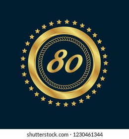 Gold button with 80 number. emblem, label, badge,sticker, logo. Designed for celebration or anniversary