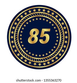 Gold button with 85 number. emblem, label, badge,sticker, logo. Designed for celebration or anniversary
