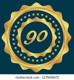 Gold button with 90 number.90 number emblem, label, badge,sticker, logo. 