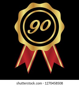 Gold button with 90 number.90 number emblem, label, badge,sticker, logo. 