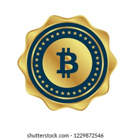 Gold button with bitcoin icon. emblem, label, badge,sticker, logo. Designed for celebration or anniversary