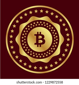 Gold button with bitcoin icon. emblem, label, badge,sticker, logo. Designed for celebration or anniversary