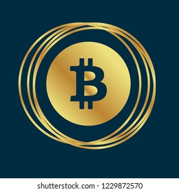 Gold button with bitcoin icon. emblem, label, badge,sticker, logo. Designed for celebration or anniversary