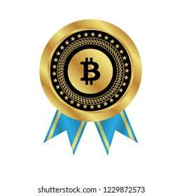 Gold button with bitcoin icon. emblem, label, badge,sticker, logo. Designed for celebration or anniversary