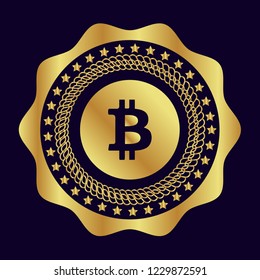 Gold button with bitcoin icon. emblem, label, badge,sticker, logo. Designed for celebration or anniversary