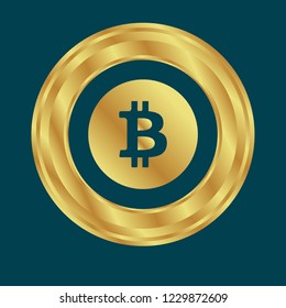 Gold button with bitcoin icon. emblem, label, badge,sticker, logo. Designed for celebration or anniversary