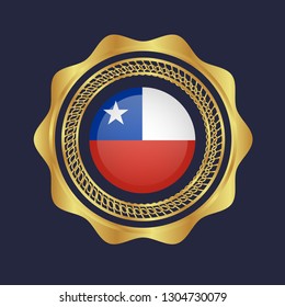 Gold button with chile flag.gold chile  emblem, label, badge,sticker, logo. premium quality.made in chile 