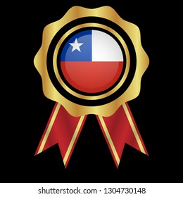 Gold button with chile flag.gold chile  emblem, label, badge,sticker, logo. premium quality.made in chile 