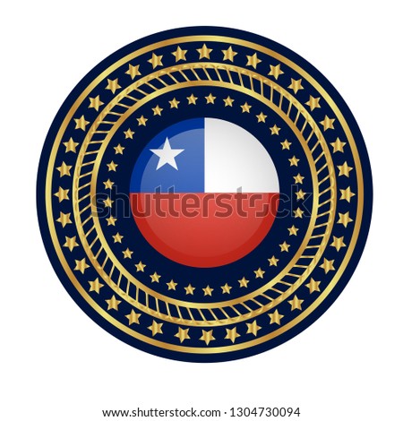 Gold button with chile flag.gold chile  emblem, label, badge,sticker, logo. premium quality.made in chile 