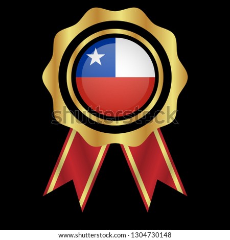 Gold button with chile flag.gold chile  emblem, label, badge,sticker, logo. premium quality.made in chile 