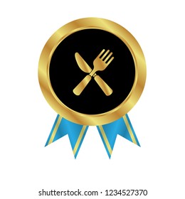 Gold button with cutlery icon.cutlery emblem, label, badge,sticker, logo. Designed for celebration or anniversary