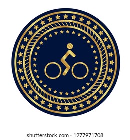 Gold button with cyclist. golden cyclist emblem, label, badge,sticker, logo. 