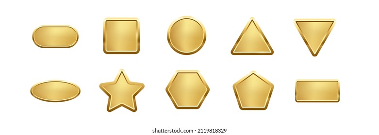 Gold button of different geometric shapes with frames and shine light effect vector illustration set. Golden oval square circle triangle star hexagon pentagon rectangle isolated on white background
