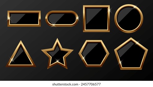 Botón dorado de diferentes Formas geométricas con marcos y juego de Ilustración vectorial de efecto de luz brillante. Ovalado dorado círculo cuadrado triángulo estrella hexágono pentágono rectángulo aislado sobre fondo blanco