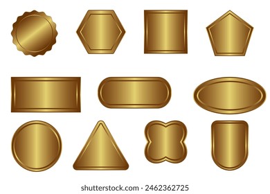 Gold button of different geometric shapes. Golden tag, label, Gold medal with different shape. Golden oval, circle, triangle, square, star, hexagon, pentagon, rectangle design on white background.