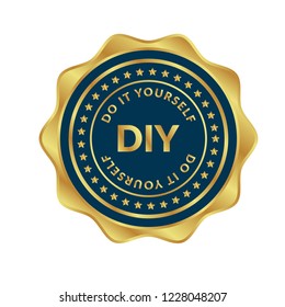 Gold button with DIY word (Abbreviation of Do it yourself). emblem, label, badge,sticker, logo. 