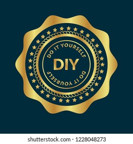 Gold button with DIY word (Abbreviation of Do it yourself). emblem, label, badge,sticker, logo. 