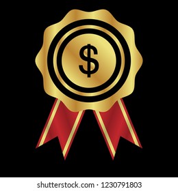 Gold button with dollar. emblem, label, badge,sticker, logo. Designed for celebration or anniversary
