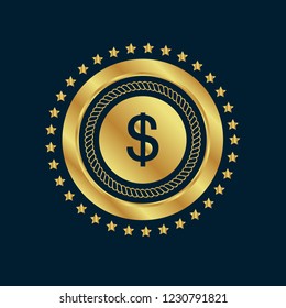 Gold button with dollar. emblem, label, badge,sticker, logo. Designed for celebration or anniversary