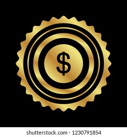 Gold button with dollar. emblem, label, badge,sticker, logo. Designed for celebration or anniversary