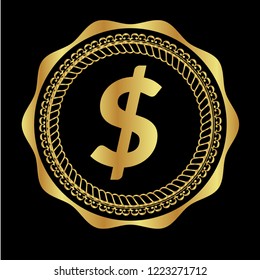 Gold button with dollar icon. emblem, label, badge, logo
