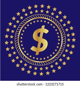 Gold button with dollar icon. emblem, label, badge, logo