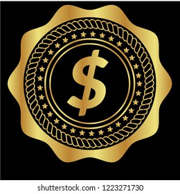 Gold button with dollar icon. emblem, label, badge, logo