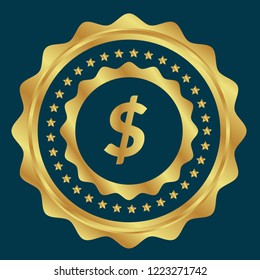 Gold button with dollar icon. emblem, label, badge, logo