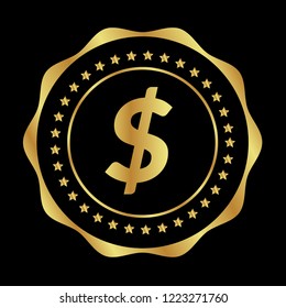 Gold button with dollar icon. emblem, label, badge, logo