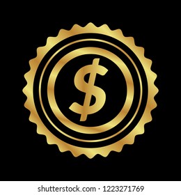 Gold button with dollar icon. emblem, label, badge, logo