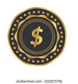 Gold button with dollar icon. emblem, label, badge, logo